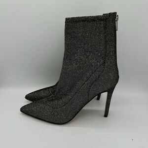 Jewel Badgley Mischka Black Glitter Sock Bootie Size 6.5 Spike Heel Retro Glam